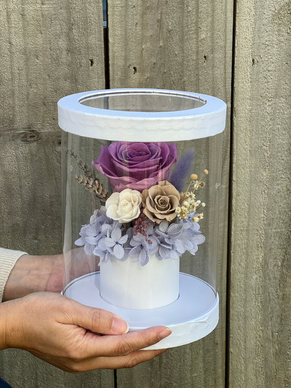 The Floral House, Preserved Flowers, Everlasting Flowers, Dried Flowers, Preserved Rose, pink rose, white rose, paper dome box